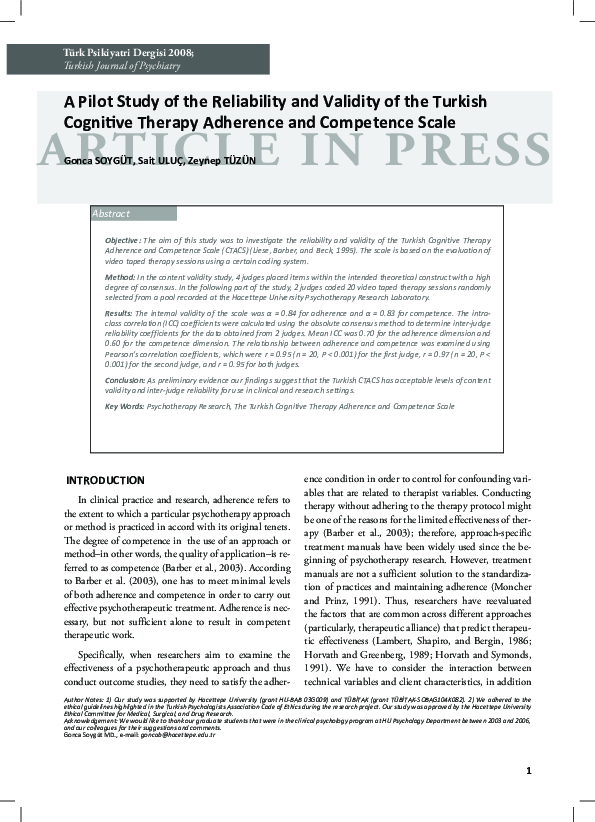(PDF) [A pilot study of the reliability and validity of the Turkish ...