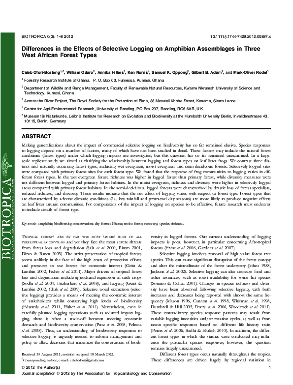 (PDF) Differences in the Effects of Selective Logging on Amphibian ...