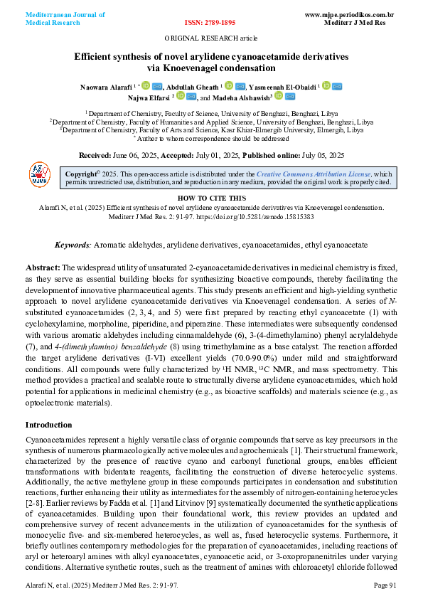 (PDF) Efficient synthesis of novel arylidene cyanoacetamide derivatives ...