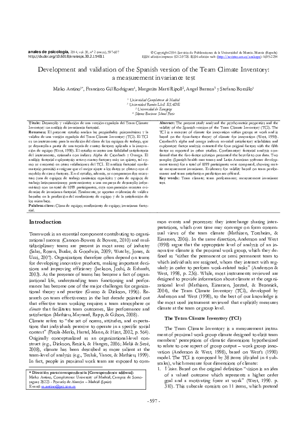 (PDF) Desarrollo y validación de una versión española del Team Climate ...