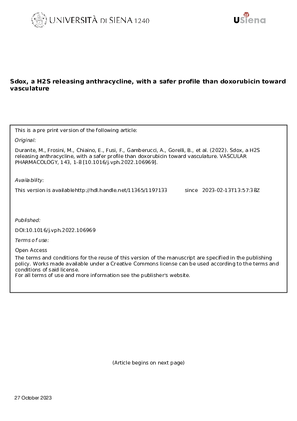 (PDF) Sdox, a H2S releasing anthracycline, with a safer profile than ...