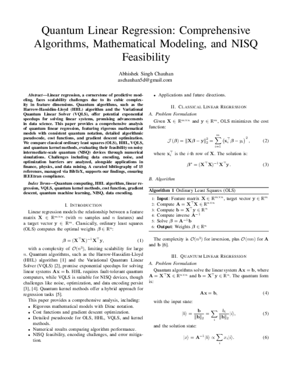 (PDF) Quantum Linear Regression: Comprehensive Algorithms, Mathematical ...