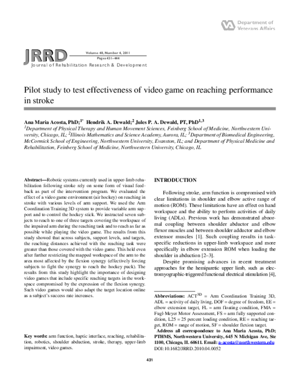(PDF) Pilot study to test effectiveness of video game on reaching ...