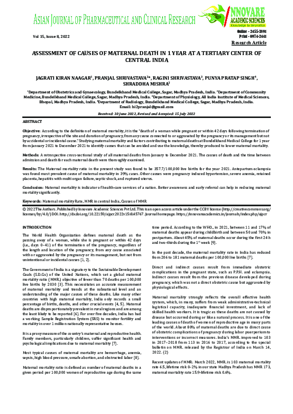 (PDF) Assessment of Causes of Maternal Death in 1 Year at a Tertiary ...