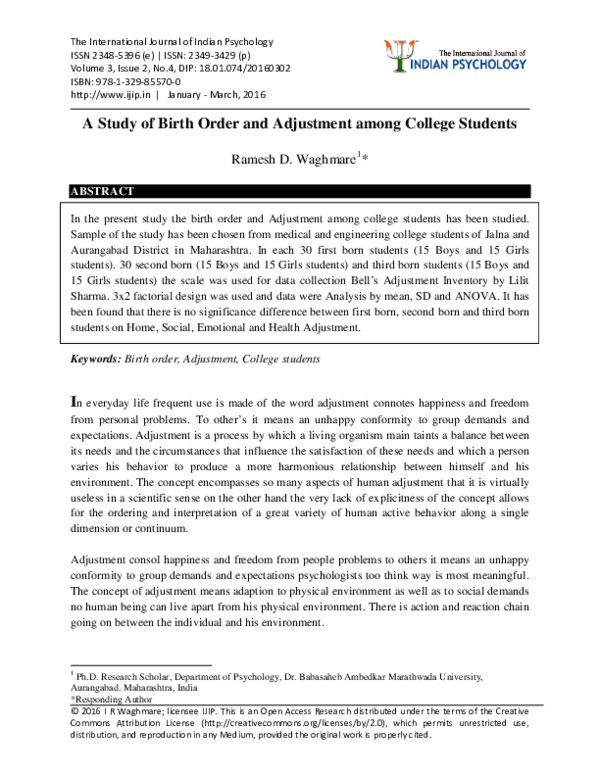 (PDF) A Study of Birth Order and Adjustment among College Students