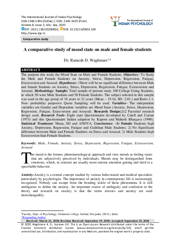 (PDF) A comparative study of mood state on male and female students