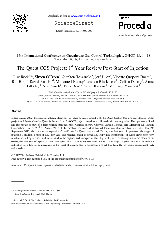 (PDF) The Quest CCS Project: 1st Year Review Post Start of Injection