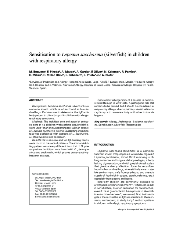 (PDF) Sensitisation to Lepisma saccharina (silverfish) in children with ...