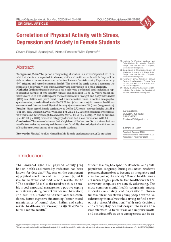 (PDF) Correlation of physical activity with stress, depression and ...