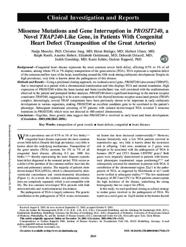 (PDF) Missense Mutations and Gene Interruption in PROSIT240 , a Novel ...
