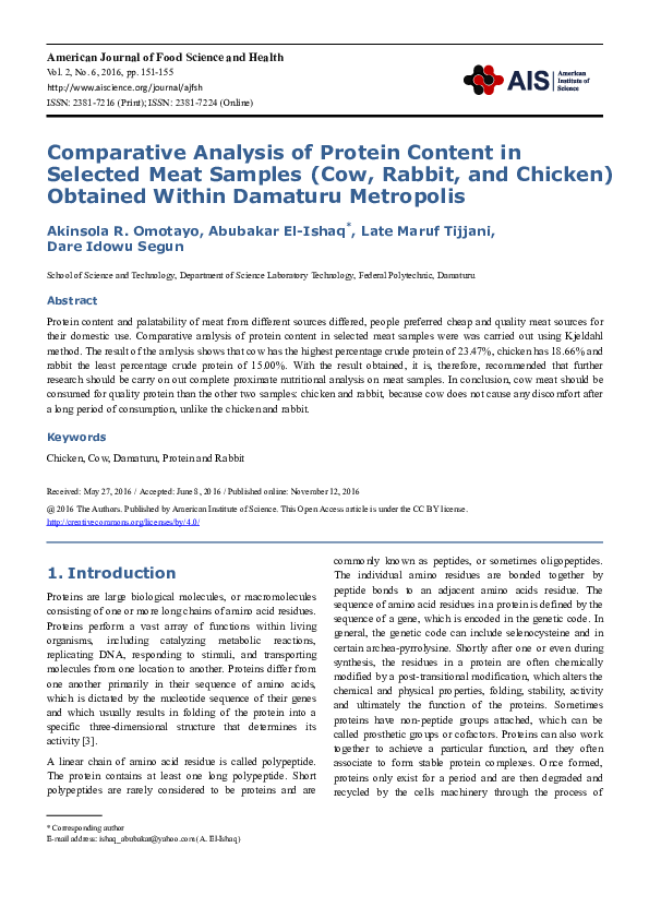 (PDF) Comparative Analysis of Protein Content in Selected Meat Samples ...