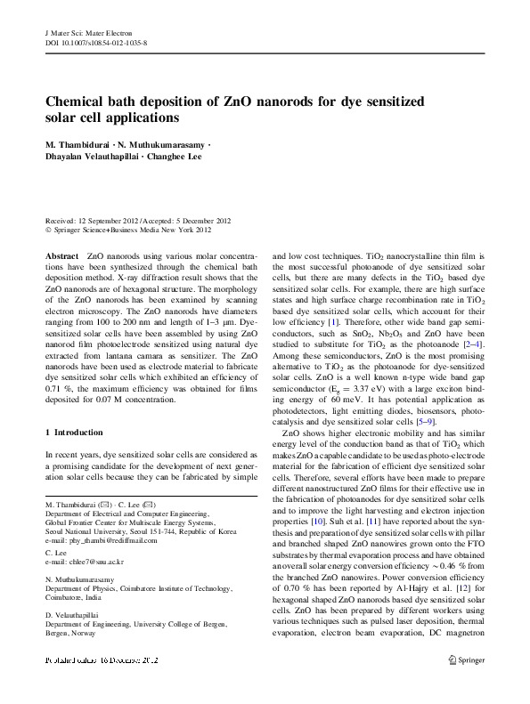(PDF) Chemical bath deposition of ZnO nanorods for dye sensitized solar ...