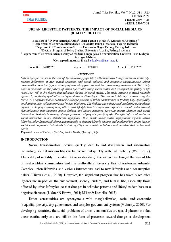 (PDF) Urban Lifestyle Patterns: The Impact of Social Media on Quality ...