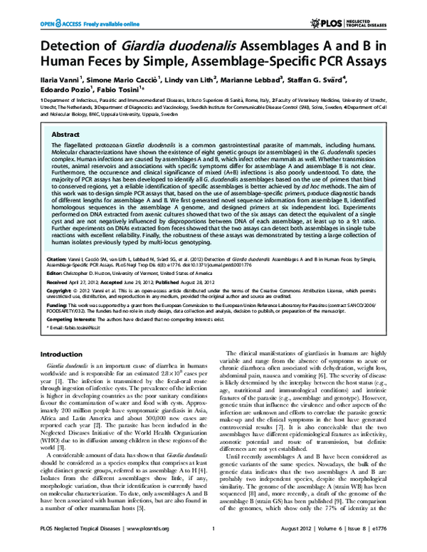 (PDF) Detection of Giardia duodenalis Assemblages A and B in Human ...