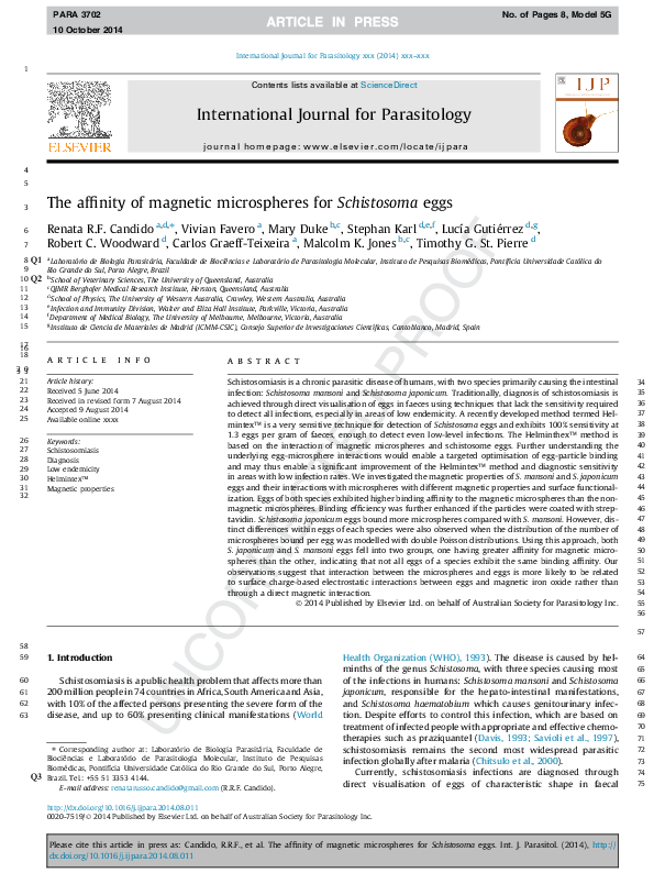 (PDF) The affinity of magnetic microspheres for Schistosoma eggs