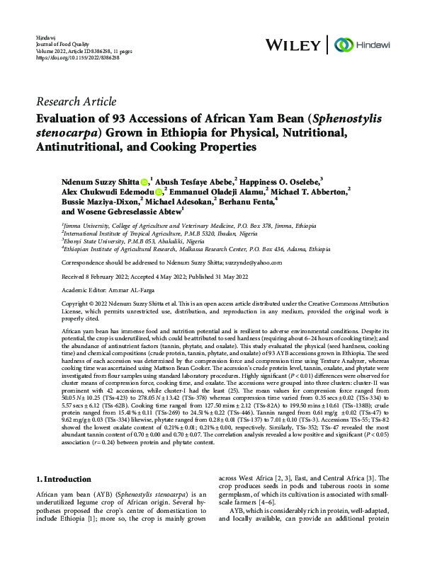 (PDF) Evaluation of 93 Accessions of African Yam Bean (Sphenostylis ...