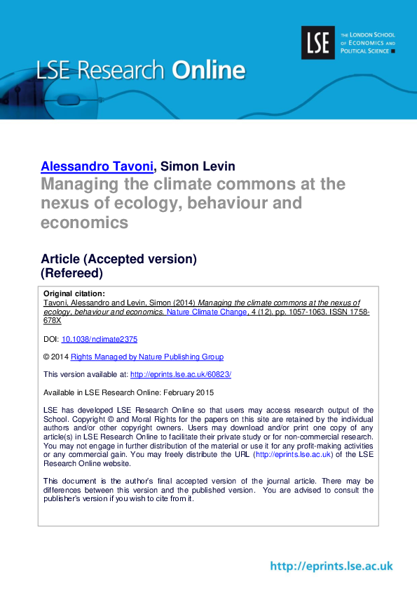 (PDF) Managing the climate commons at the nexus of ecology, behaviour ...
