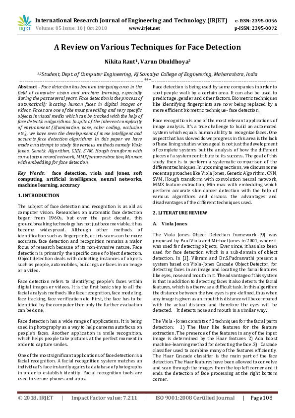 (PDF) A Review on Various Techniques for Face Detection