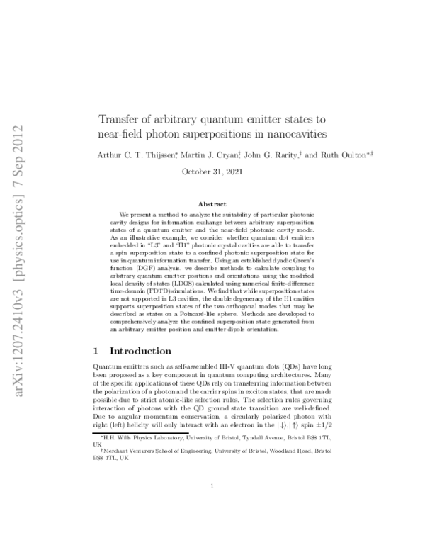 (PDF) Transfer of arbitrary quantum emitter states to near-field photon ...