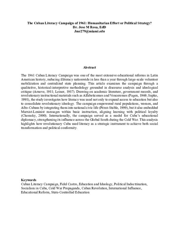 (PDF) The Cuban Literacy Campaign of 1961: Humanitarian Effort or ...