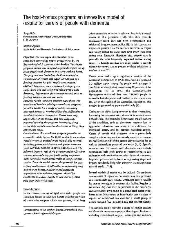 (PDF) The host-homes program: an innovative model of respite for carers ...