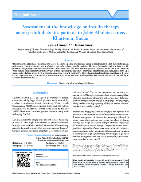 (PDF) Assessment of the knowledge on insulin therapy among adult ...