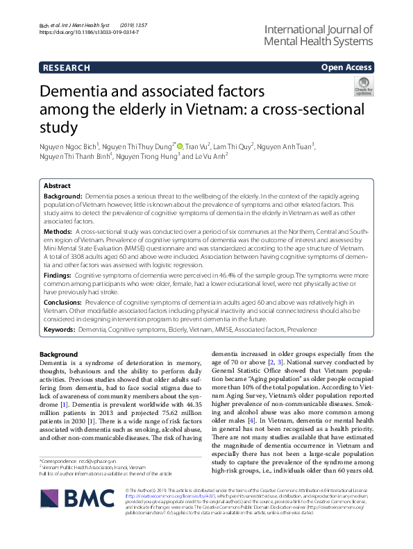 (PDF) Dementia and associated factors among the elderly in Vietnam: a ...
