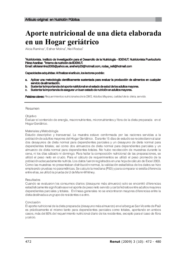 (PDF) Aporte nutricional de una dieta elaborada en un hogar geriátrico