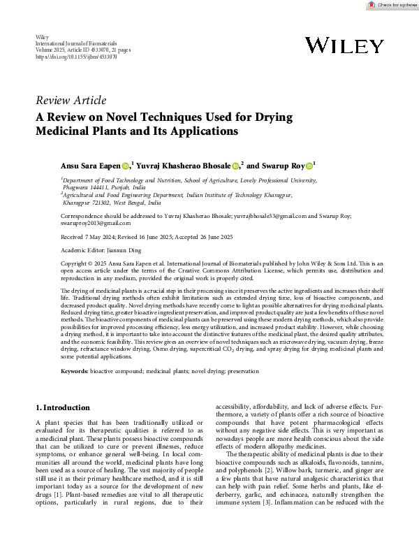 (PDF) A Review on Novel Techniques Used for Drying Medicinal Plants and ...