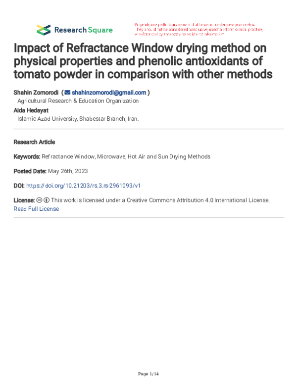 (PDF) Impact of Refractance Window drying method on physical properties ...