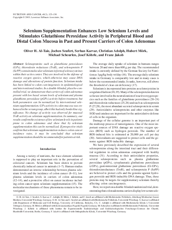 PDF) Selenium Supplementation Enhances Low Selenium Levels and Stimulates Glutathione  Peroxidase Activity in Peripheral Blood and Distal Colon Mucosa in Past and  Present Carriers of Colon Adenomas