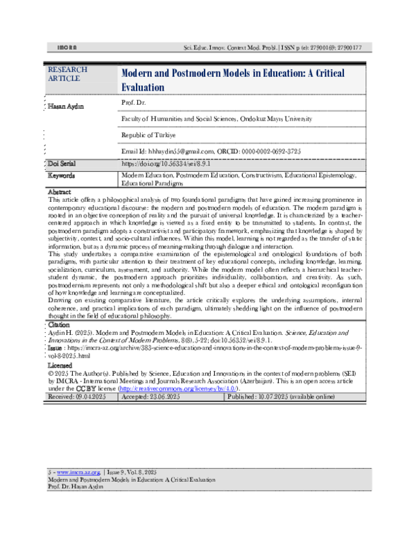 (PDF) Modern and Postmodern Models in Education: A Critical Evaluation