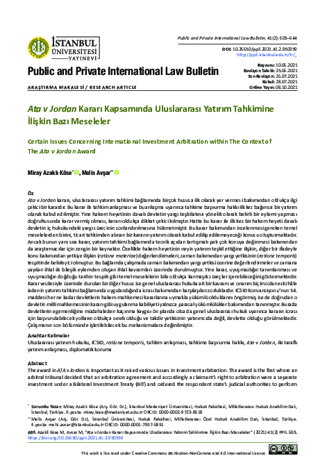 (PDF) Ata v Jordan Kararı Kapsamında Uluslararası Yatırım Tahkimine ...