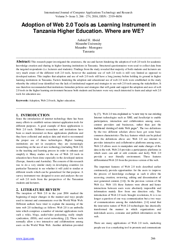 (PDF) Adoption of Web 2.0 Tools as Learning Instrument in Tanzania ...