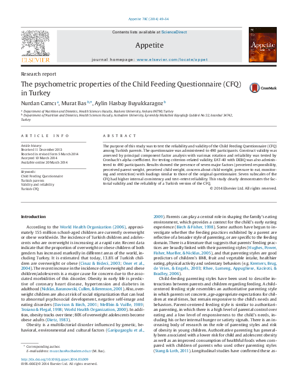 (PDF) The psychometric properties of the Child Feeding Questionnaire ...