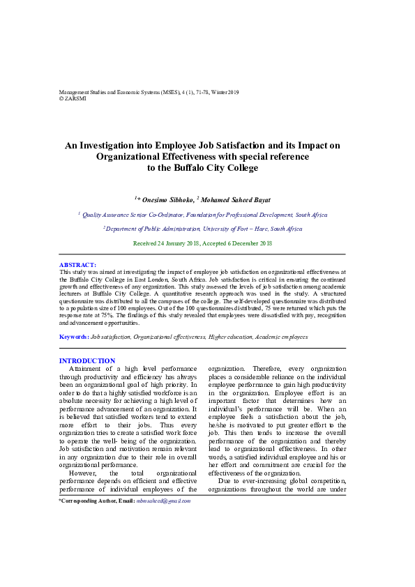 (PDF) An Investigation into Employee Job Satisfaction and Its Impact on ...