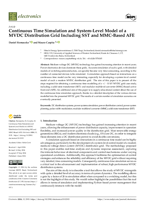 (PDF) Continuous Time Simulation and System-Level Model of a MVDC ...