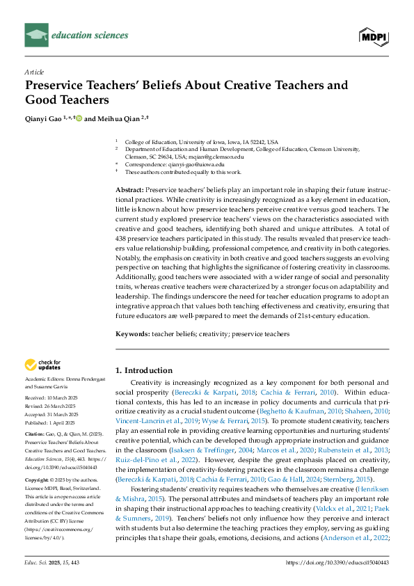 (PDF) Preservice Teachers' Beliefs About Creative Teachers and Good ...