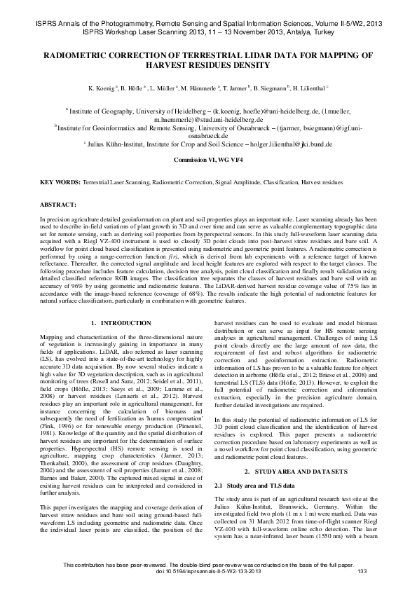 (PDF) Radiometric Correction of Terrestrial LiDAR Data for Mapping of ...