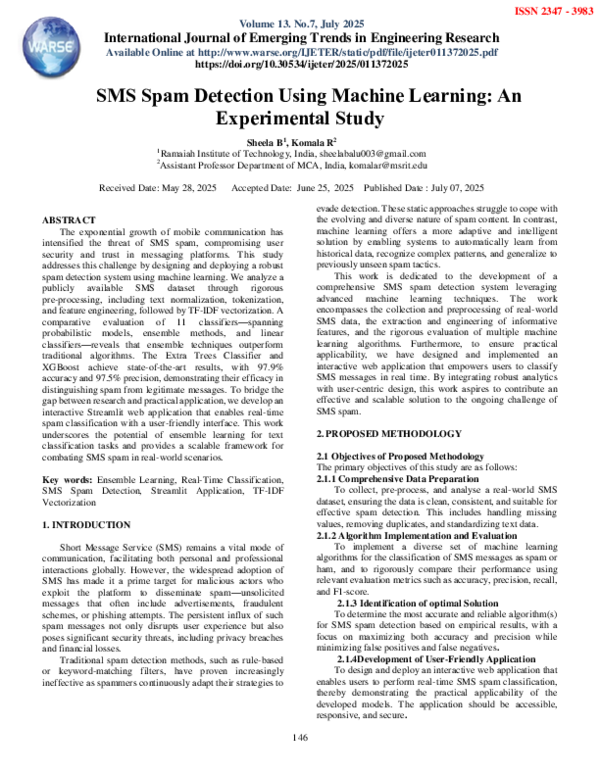(PDF) SMS Spam Detection Using Machine Learning: An Experimental Study