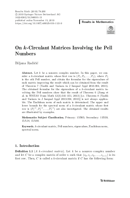 (PDF) On k-Circulant Matrices Involving the Pell Numbers