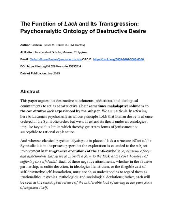 (PDF) The Function of Lack and Its Transgression: Psychoanalytic ...