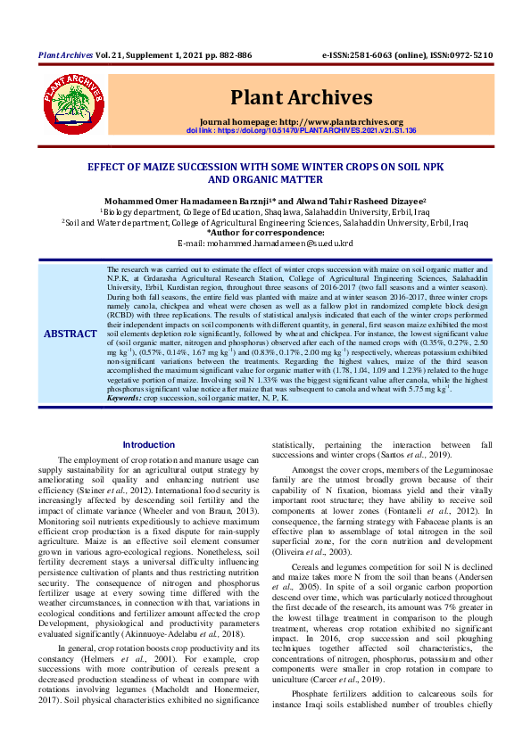 (PDF) Effect of Maize Succession with Some Winter Crops on Soil NPK and ...