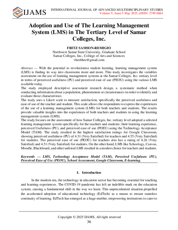 (PDF) Adoption and Use of The Learning Management System (LMS) in The ...