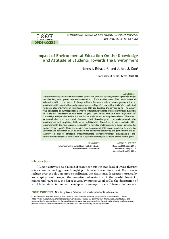 (PDF) Impact of Environmental Education On the Knowledge and Attitude ...