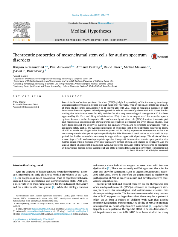 (PDF) Therapeutic properties of mesenchymal stem cells for autism ...