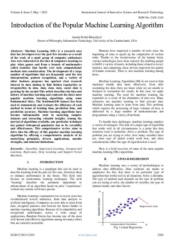 (PDF) Introduction of the Popular Machine Learning Algorithm