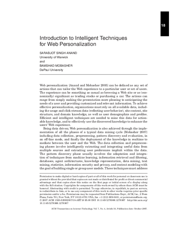 (PDF) Introduction to intelligent techniques for Web personalization