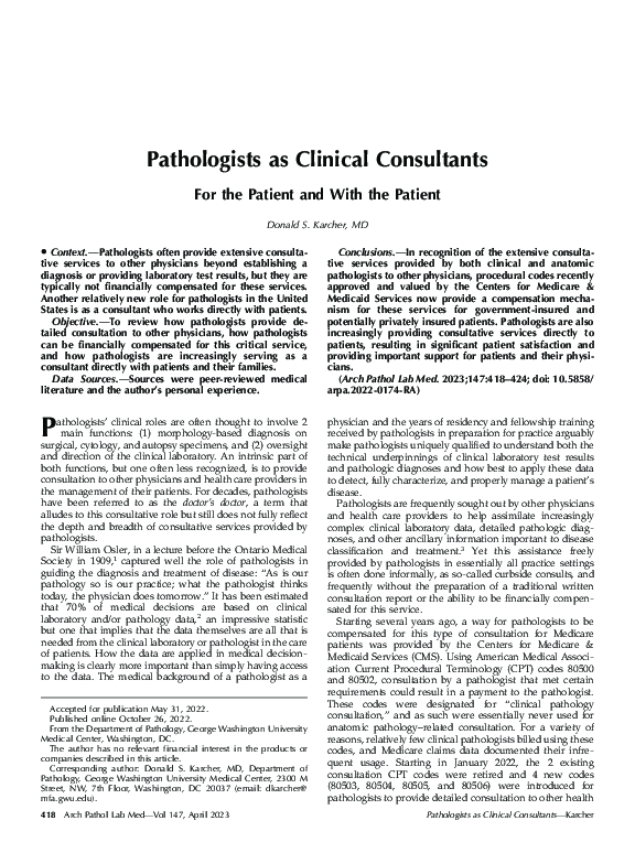(PDF) Pathologists as Clinical Consultants: For the Patient and With ...