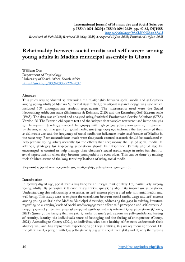 (PDF) Relationship between social media and self-esteem among young ...